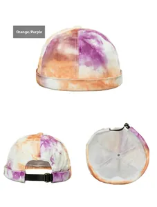 Three-view layout of tie-dye docker cap in orange and purple with adjustable strap