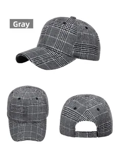 Detailed views of grey plaid baseball cap showing side, front and back velcro strap