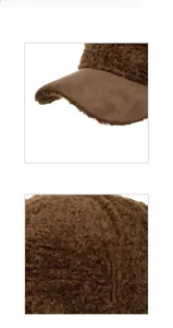 Detail of brown sherpa and suede textures on baseball cap showing stitching and fabric