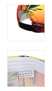 Detail view of tropical palm tree print snapback cap showing adjustable buckle and fabric label