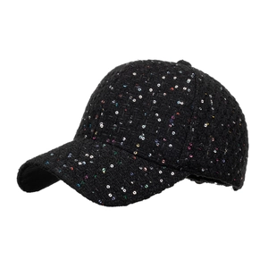 Classic black tweed baseball cap for women with shimmering colorful sequins and curved brim