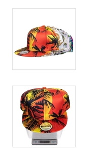 Detailed view of snapback hat featuring vibrant tropical palm tree digital print design