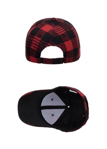 Detail view of red and black buffalo check baseball cap with adjustable back strap