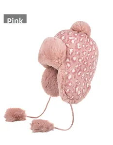 Pink leopard print trapper hat featuring knit exterior and soft faux fur lining with pom-poms