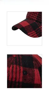 Close-up of red and black plaid wool baseball cap showing thick fabric texture and eyelets