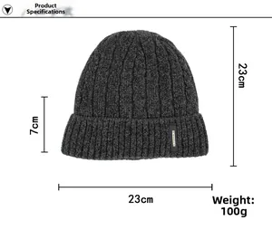 Detail of dark grey cable knit beanie with FASHION label and dimension measurements