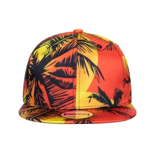 Flat brim snapback hat featuring a vibrant tropical sunset and palm tree silhouette print