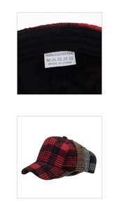 Detail of internal washing label and various plaid color options for baseball caps