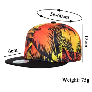 Flat brim snapback hat with tropical palm tree print and 56-60cm size measurements