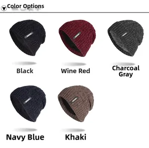 Detailed grid of fleece-lined knit winter beanies in black, red, grey, navy, and khaki colors