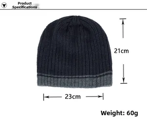 Detailed size and weight specs for blue ribbed knit beanie with grey trim
