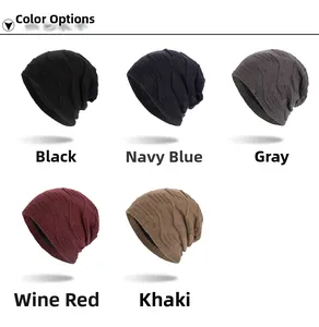 Detailed display of knit beanies in five colors showing thick ribbed texture and warm lining
