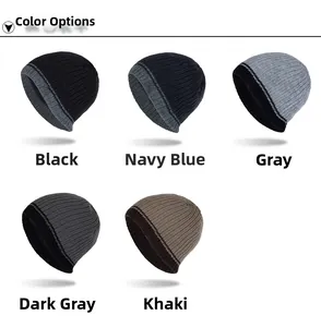 Detailed color selection showing rib-knit beanies in black, navy, grey, and khaki colors