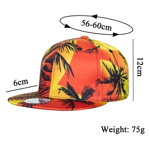 Hip hop snapback hat featuring vibrant tropical palm tree print and 56-60cm adjustable size