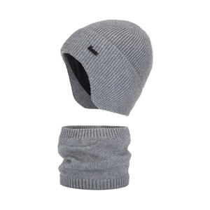 Grey winter knit earflap beanie and neck warmer set for outdoor warmth protection