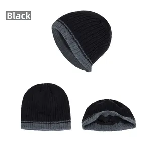 Vertical striped knit beanie with fleece lining in black and grey color block style