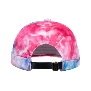 Retro tie-dye docker hat in pink and blue velvet with adjustable leather strap