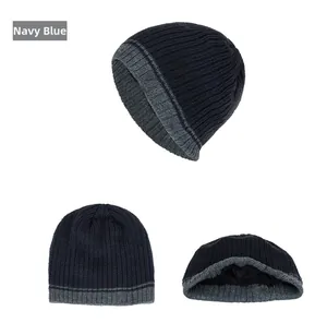Detailed views of navy blue knit beanie with grey contrast trim and ribbed texture