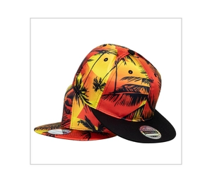 Detail view of sunset palm tree digital print on black brim flat snapback hats