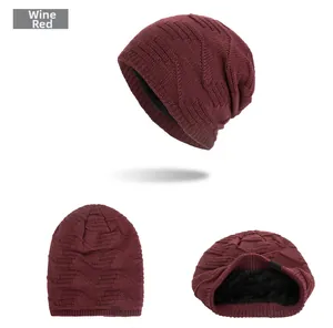 Detailed views of wine red knit beanie with diamond texture and black fleece lining