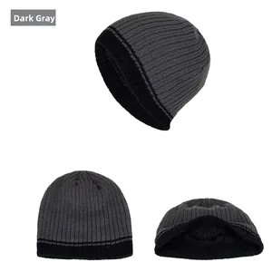 Detail view of dark grey knitted beanie showing ribbed texture and warm fleece lining