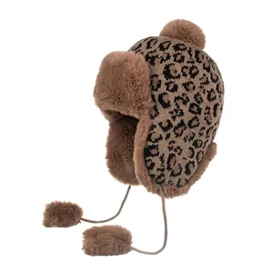 Women's Winter Leopard Print Knitted Trapper Hat With Artificial Fur Lining Pompoms Thick Warm Earflap Beanie For Cold Weather