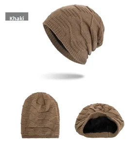 Detailed view of khaki knit beanie with thick black fleece lining for winter warmth