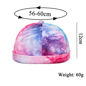 Retro tie-dye brimless docker hat in pink and blue with size and weight dimensions