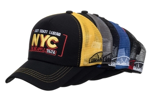 Detailed close-up of five mesh trucker hats with 3D NYC embroidery in various colors