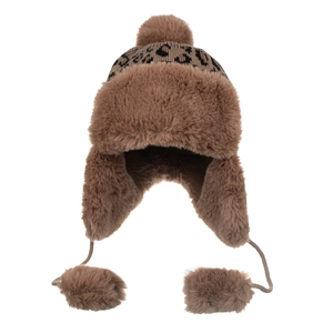 Winter brown leopard pattern knit earflap hat with faux fur lining and pom pom detail