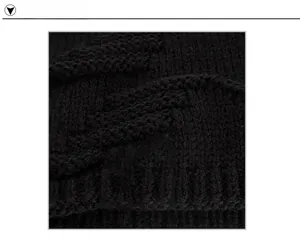 Close-up detail of black chunky cable knit pattern showing soft wool texture and weave