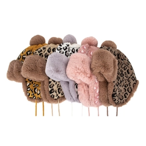 Winter faux fur leopard print knit aviator hat with ear flaps and pom-pom for women