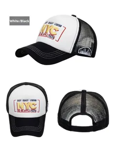 Close-up of NYC embroidery, contrast stitching, and breathable mesh of the trucker hat