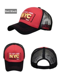 Three-view shot of red and black NYC embroidered trucker hat with breathable mesh and strap