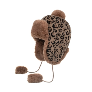 Women's leopard print knitted trapper hat with faux fur lining and plush pom poms