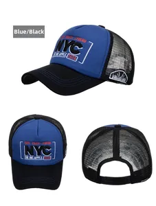 Three-view layout of Blue/Black NYC baseball cap with mesh back and premium embroidery