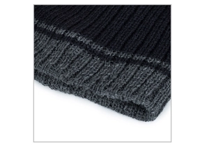 Close-up of black and grey vertical rib knit texture on the thermal beanie hat edge