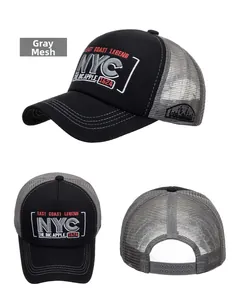 Detailed views of the NYC embroidered baseball cap with breathable grey mesh and adjustable back