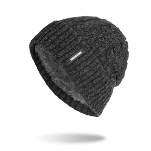 Thick Cable Knit Beanie Hat For Women Men Winter Warm Fleece Lined Cuffed Beanie With Fashion Patch Slouchy Skull Cap