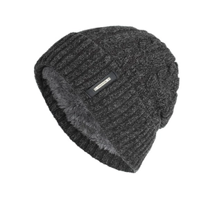 Winter chunky cable knit hat with fleece lining and fashion leather patch in dark grey