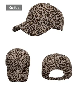 Detailed views of leopard print baseball cap showing the side, front, and metal buckle strap