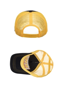 Detail view of the NYC trucker hat with mesh back and yellow adjustable plastic snap closure