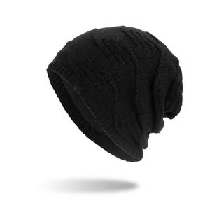 Winter Warm Knitted Beanie Hat With Green Leaf Tag Thick Acrylic Thermal Fleece Lined Wave Pattern Slouchy Skull Cap