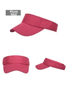 Three-view detail of a rose red open top sun visor hat with breathable textured fabric