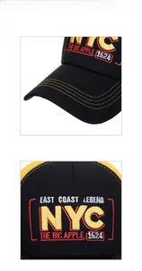Detailed macro view of 3D NYC embroidery with yellow stitching on black baseball cap