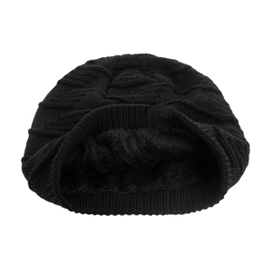 Classic black cable knit beanie for winter with warm thickened fleece lining for women