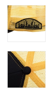 Detail of yellow polyester mesh and high-quality stitching on the trucker cap