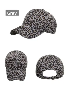 Detail view of grey leopard baseball cap with adjustable metal back buckle closure