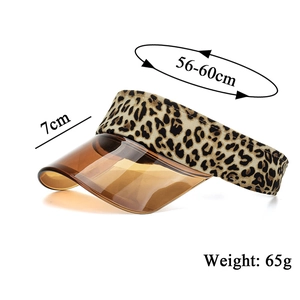 Detailed size specifications of leopard print visor with transparent brown plastic brim