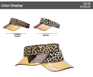Detail view of leopard print sun visors in brown and white with transparent plastic brims